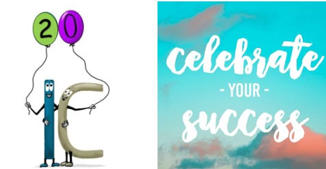 Two letters holding balloons next to a box that reads 'celebrating your success'