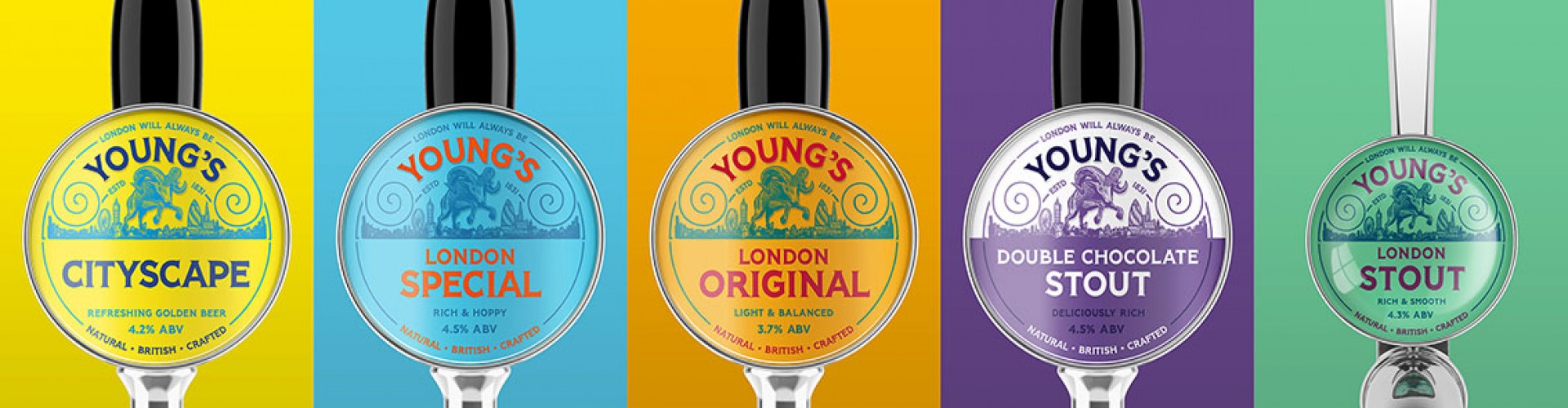 Youngs beer pumps|bear bottles with coloured background|hand drawn Youngs ram
