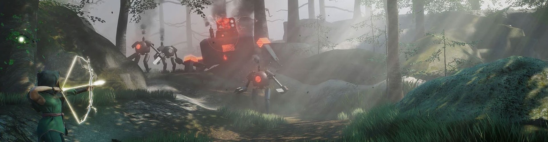 Screenshot from videogame Sai. Forest scene, with robots.