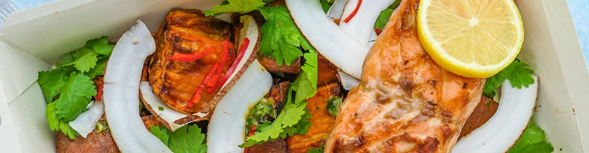 salmon salad takeaway close up