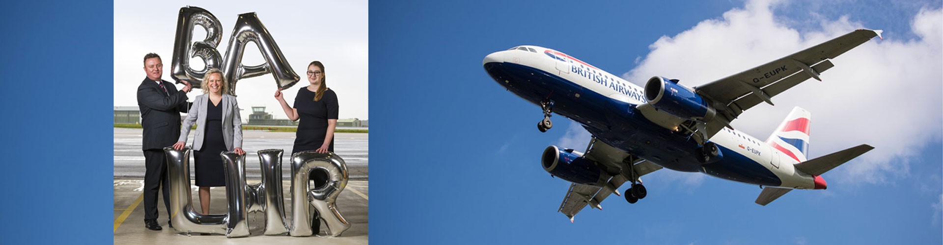 cornwall airport newquay team montage with BA Heathrow plane