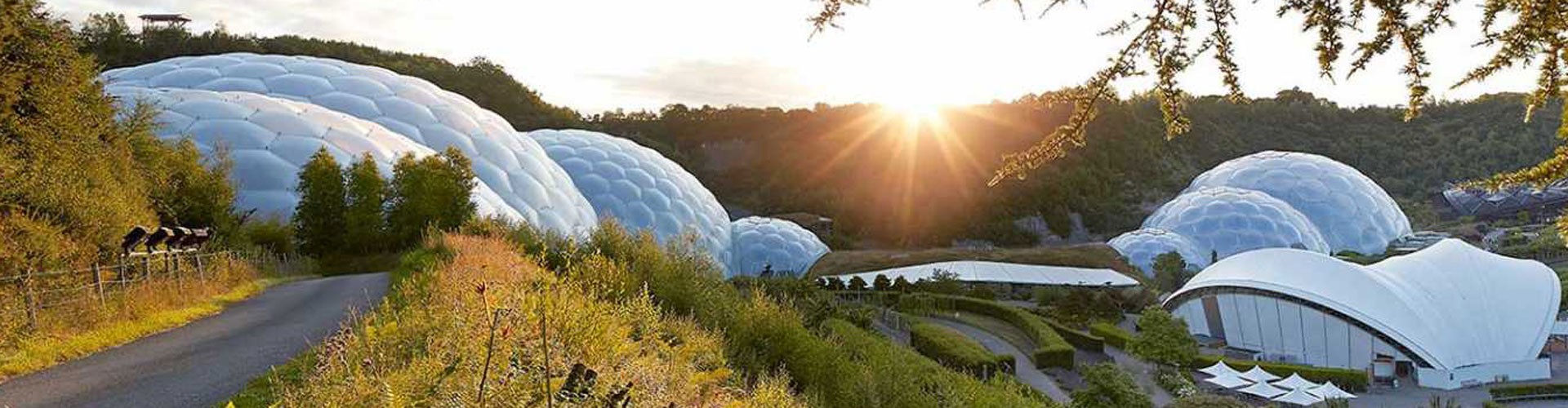 Eden Project biomes with sun shining low in the sky