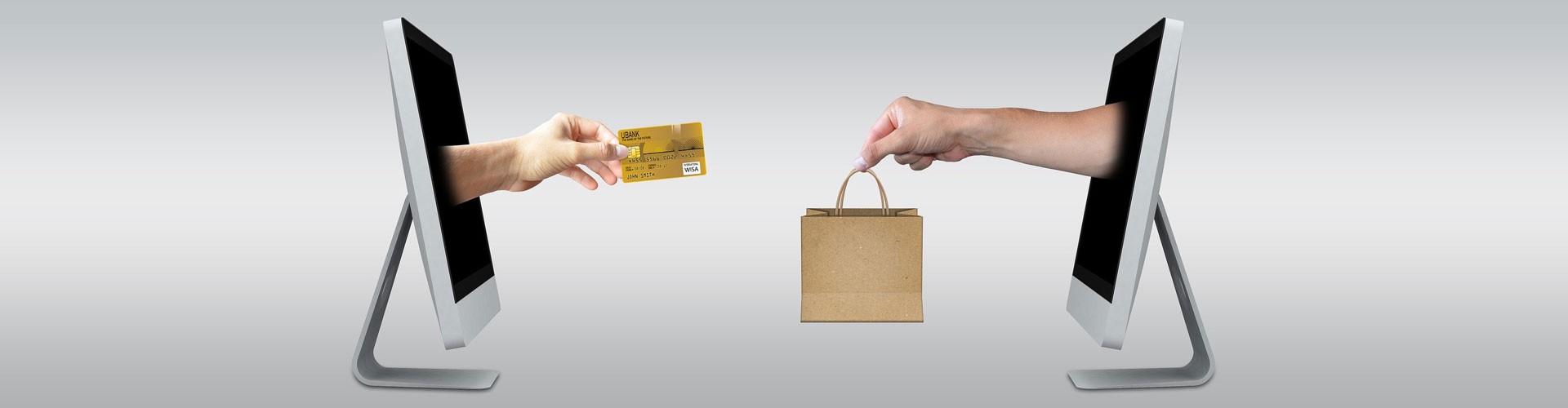 hands emerging from computer screens to exchange goods for payment