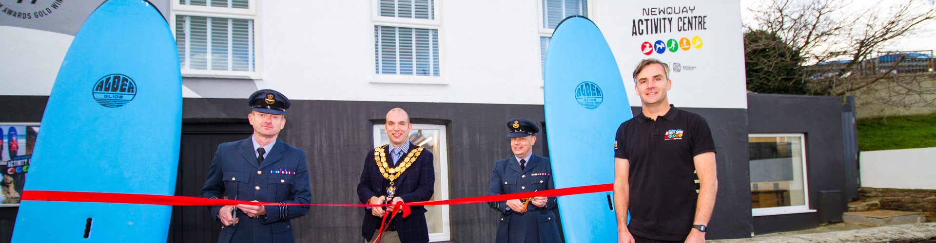 Newquay Activity Centre with mayor cutting ribbon