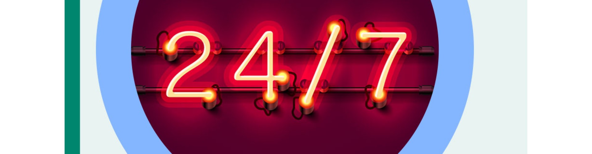 A red sign with '24/7' illuminated