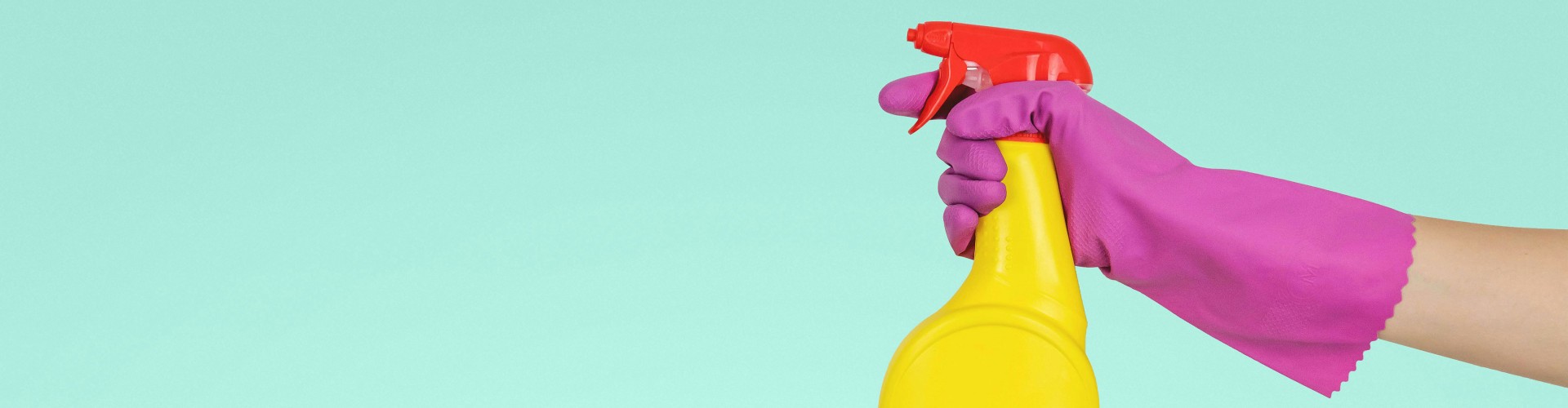 A pink rubber gloved hand and some yellow cleaning spray