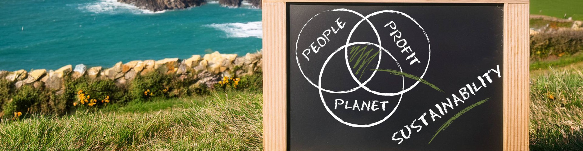 A chalk board with grass and sea behind.