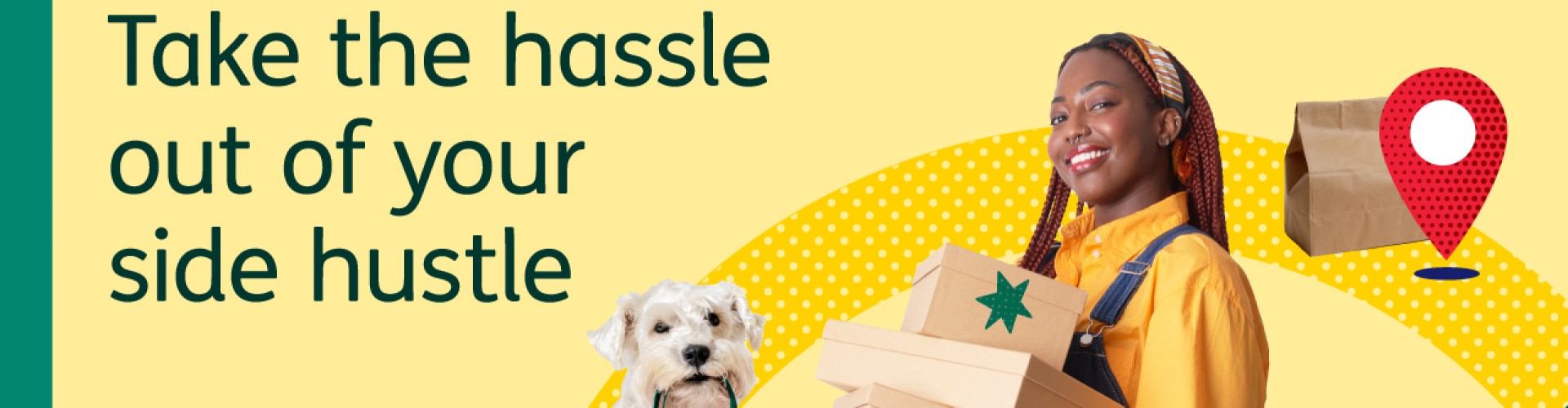 A Person carrying parcels with a dog next to them.