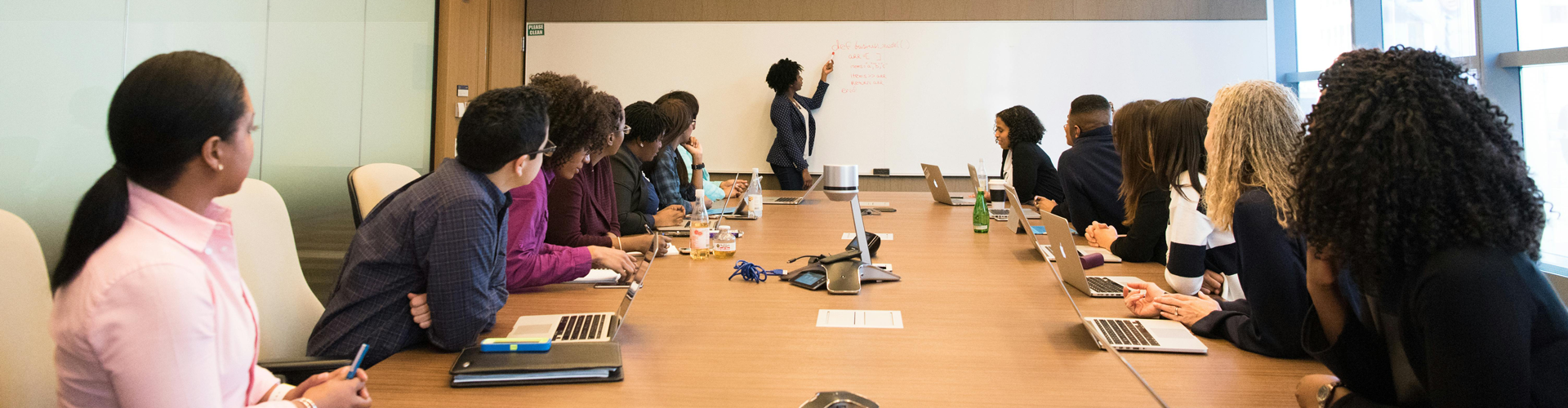 A meeting room with a meeting taking place