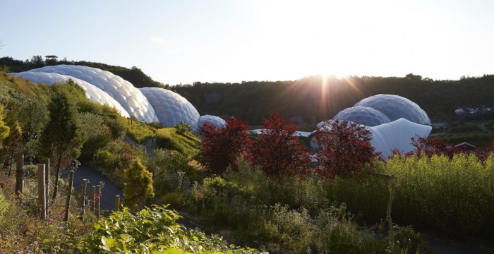 Eden Project biomes with sun shining low in the sky