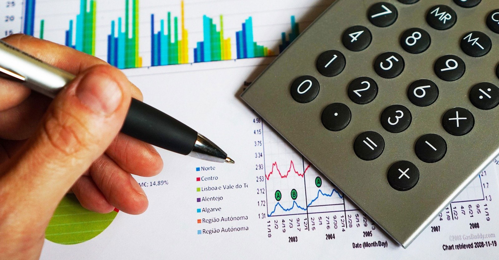closeup of hand holding pen with calculator and graphs in background