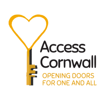 Access Cornwall logo, a gold and black key with a heart at the top. The worlds Access Cornwall Opening Doors for One and All are next to it