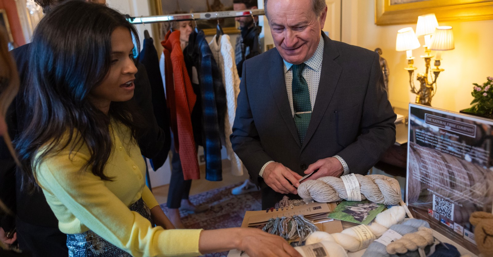 CEO of The Natural Fibre Company, Colin Spencer Halsey pictured talking to Akshata Murty, businesswoman and wife of the Prime Minister. Image credit: Simon Walker / No 10 Downing Street  