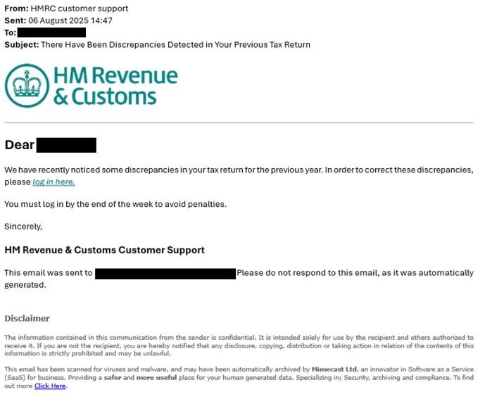 Scan of a example scam email from HRMC